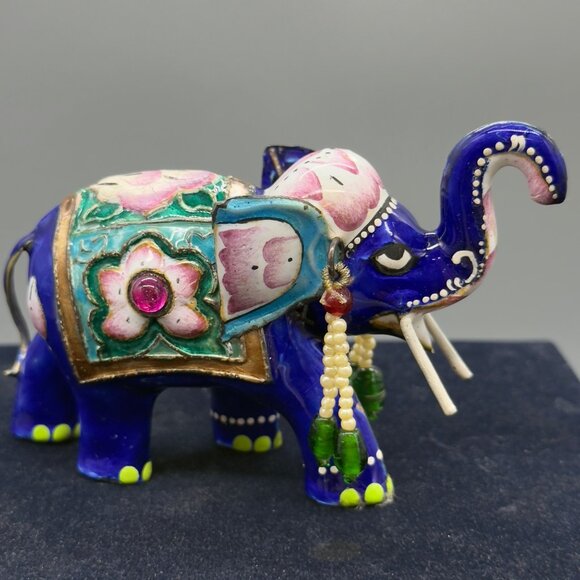 Vintage Hand Painted Meenakari Elephant Figurine With Beaded Accents 4"x3" - Picture 3 of 16